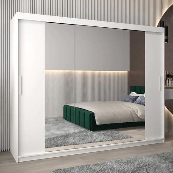 Tavira II White Mirrored Sliding Wardrobe - 250cm with 3 Doors, Ample Storage and Easy Assembly