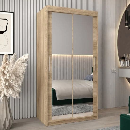 100cm Sonoma Oak Mirrored Sliding Wardrobe | Oak | Mirror | 2 Doors | 100cm