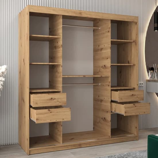 180cm Artisan Oak Sliding Mirrored Wardrobe with 2 Doors and Ample Storage