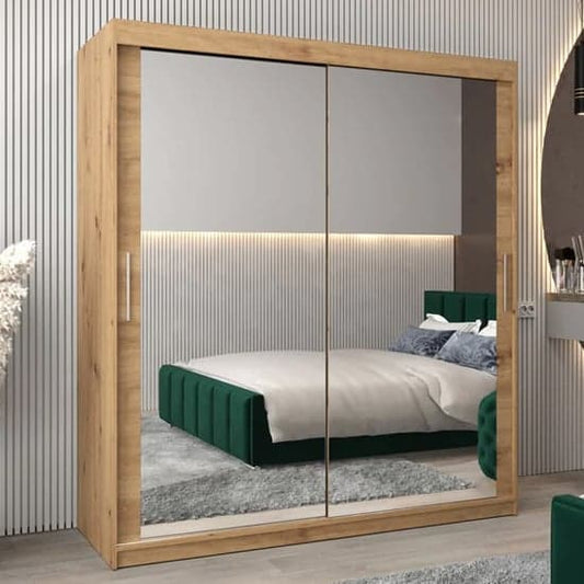 180cm Artisan Oak Sliding Mirrored Wardrobe with 2 Doors and Ample Storage