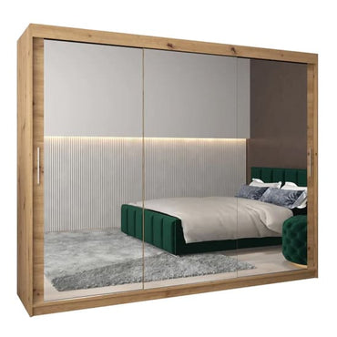 Tavira III 250cm Mirrored Sliding Wardrobe with 3 Doors in Artisan Oak