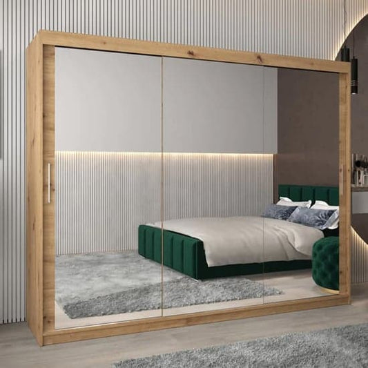 Tavira III 250cm Mirrored Sliding Wardrobe with 3 Doors in Artisan Oak