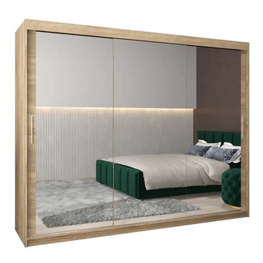 Contemporary 250cm Sonoma Oak Mirrored Sliding Wardrobe with 3 Doors and Shelves