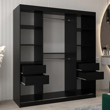 180cm Black Sliding Door Mirrored Wardrobe with Shelves and Hanging Rails