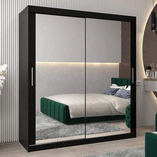 180cm Black Sliding Door Mirrored Wardrobe with Shelves and Hanging Rails