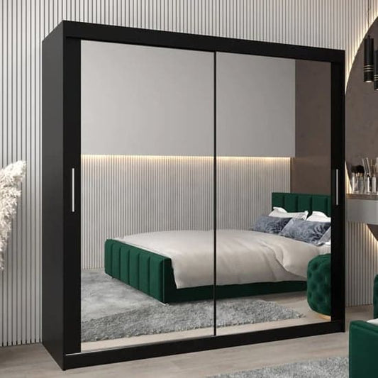 Black 200cm Tavira III Mirrored Sliding Door Wardrobe with Ample Storage