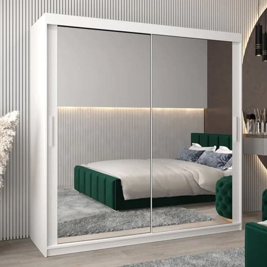 White Tavira III Mirrored Sliding Wardrobe - 200cm with 2 Doors and Shelves