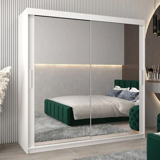 White Tavira III Mirrored Sliding Wardrobe - 200cm with 2 Doors and Shelves