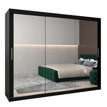 Tavira III Black Mirrored Sliding Wardrobe with 3 Doors - 250cm Storage Solution