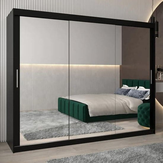 Tavira III Black Mirrored Sliding Wardrobe with 3 Doors - 250cm Storage Solution