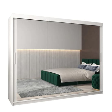 Contemporary 250cm White Mirrored Wardrobe with Sliding Doors and Shelves