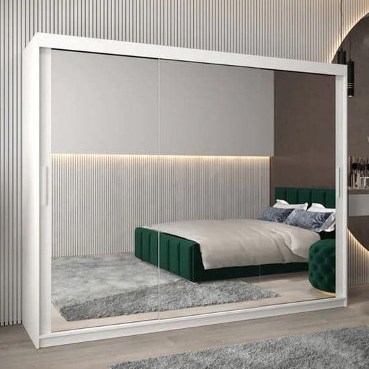 Contemporary 250cm White Mirrored Wardrobe with Sliding Doors and Shelves