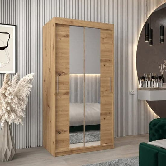 Tavira I Mirrored Wardrobe Sliding 2 Doors 100cm In Artisan Oak