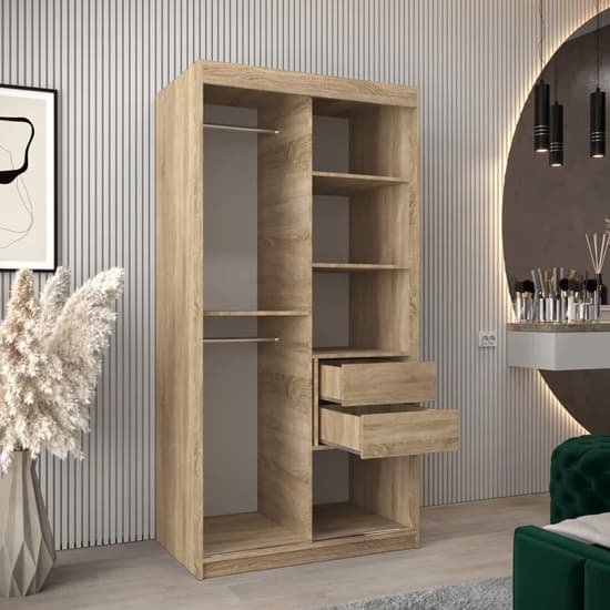 100cm Sonoma Oak Mirrored Sliding Door Wardrobe with Shelves and Rails