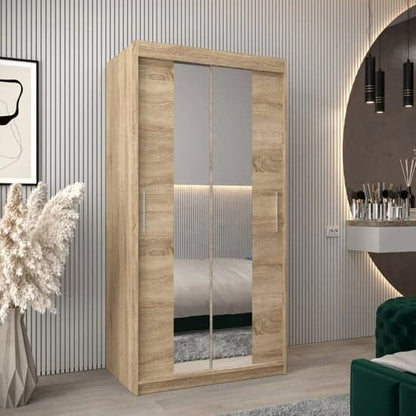 100cm Sonoma Oak Mirrored Sliding Door Wardrobe with Shelves and Rails