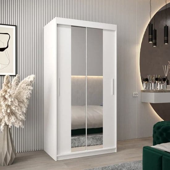 Tavira I 100cm White Mirrored Sliding Wardrobe with 2 Doors and Shelves