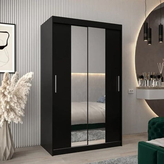 120cm Black Mirrored Sliding Wardrobe with Two Doors and Shelves