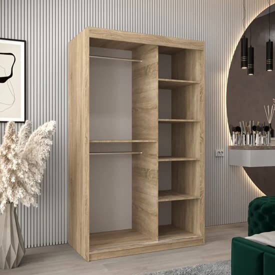 Sonoma Oak 120cm Mirrored Sliding Door Wardrobe with Shelves and Hanging Rails