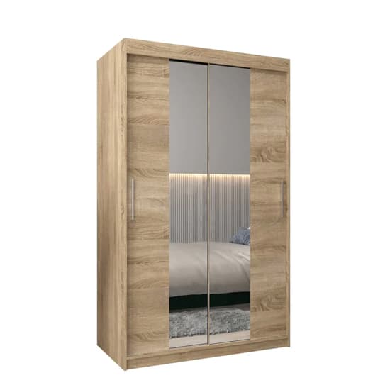 Sonoma Oak 120cm Mirrored Sliding Door Wardrobe with Shelves and Hanging Rails