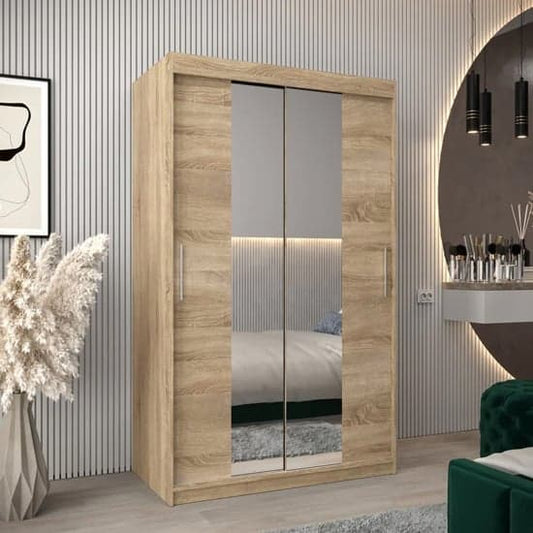 Sonoma Oak 120cm Mirrored Sliding Door Wardrobe with Shelves and Hanging Rails