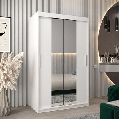 White Sliding Mirrored Wardrobe - 120cm Tavira I with Ample Storage and Contemporary Design