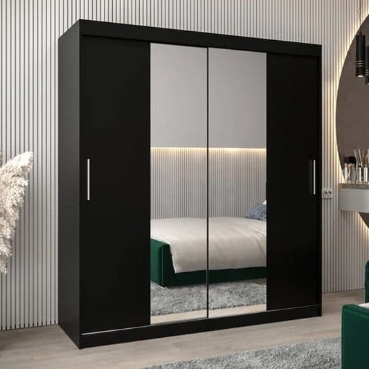 Tavira I Mirrored Wardrobe | Sliding | Black | Shelves | 2 Doors | 180cm