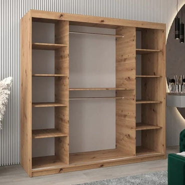 200cm Artisan Oak Mirrored Wardrobe | Sliding | Oak | Shelves | 2 Doors | 200cm