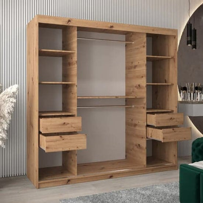 200cm Artisan Oak Mirrored Wardrobe | Sliding | Oak | Shelves | 2 Doors | 200cm