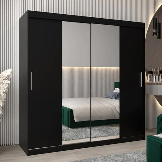 Tavira I Mirrored Sliding Door Wardrobe | Black | 8 Shelves | 2 Doors | 200cm