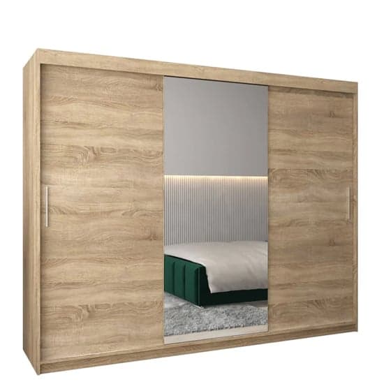 Tavira I Mirrored Wardrobe Sliding 3 Doors 250cm In Sonoma Oak