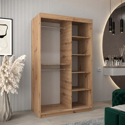 120cm Tavira Sliding Door Wooden Wardrobe in Artisan Oak with Shelves and Hanging Rails