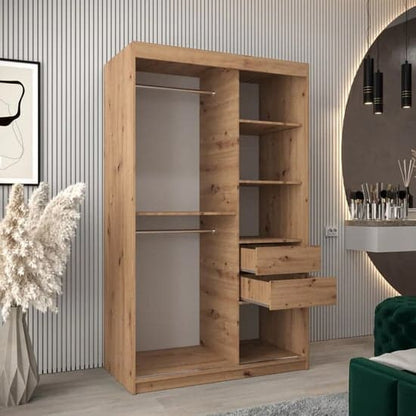 120cm Tavira Sliding Door Wooden Wardrobe in Artisan Oak with Shelves and Hanging Rails