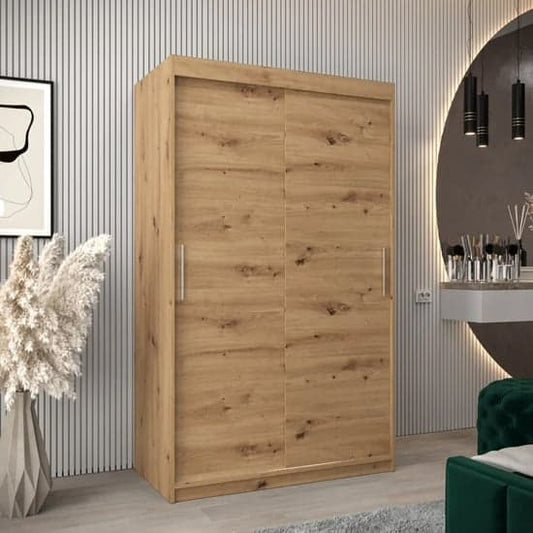 120cm Tavira Sliding Door Wooden Wardrobe in Artisan Oak with Shelves and Hanging Rails