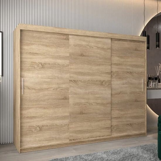 Tavira Wooden Wardrobe Sliding 3 Doors 250cm In Sonoma Oak