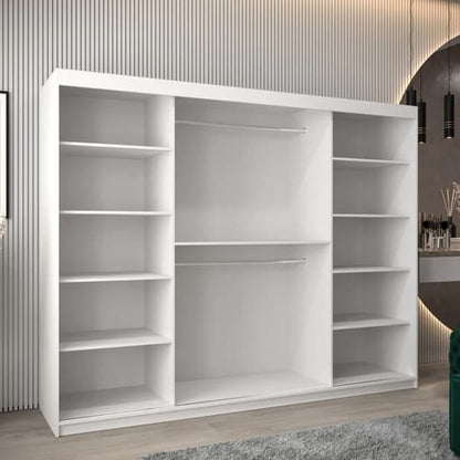 250cm White Tavira Wooden Sliding Wardrobe with 3 Doors and Shelves