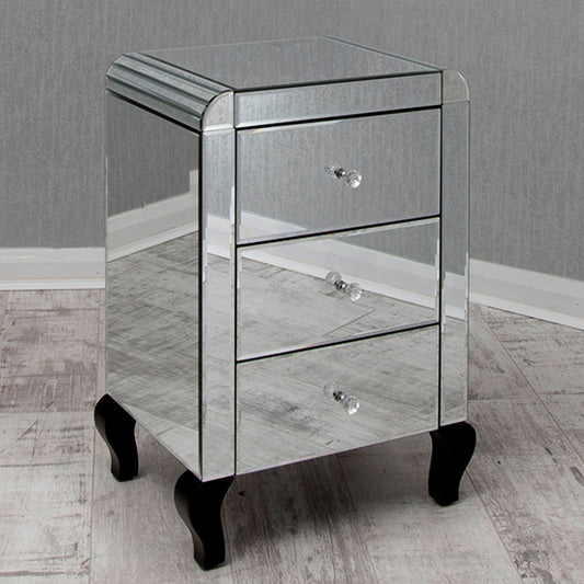 Mirrored Glass Bedside Cabinet with 3 Drawers and Acrylic Crystal Handles