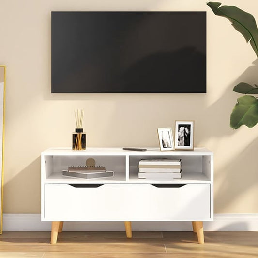 FURCO Tevy White High Gloss TV Stand with Drawer and Shelves for Modern Living Room