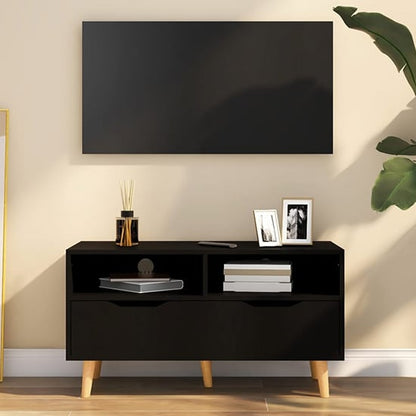 Tevy Black Wooden TV Stand with Drawer and Shelves for Modern Living Rooms