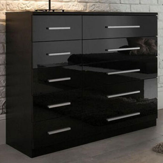 Sleek Black High-Gloss Mirage Minuet 5+5 Drawer Chest - Modern Storage Solution for Elegant Living