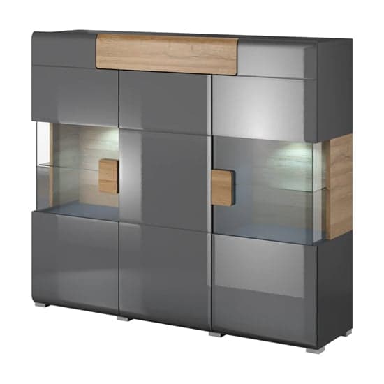 Torino High Gloss Display Cabinet 2 Doors In Grey Oak With LED