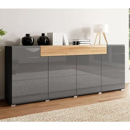 Torino High Gloss Sideboard 4 Doors In Grey And San Remo Oak