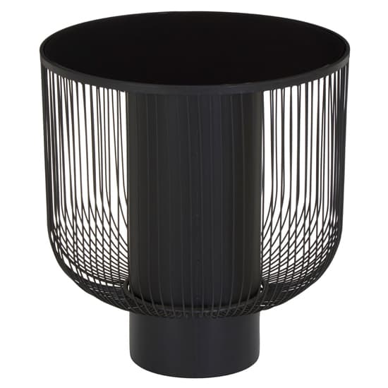 FURCO Ruchbah Black Glass Top End Table with Metal Base - Modern Accent Table for Living Room