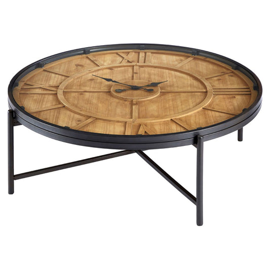 Trigona Round Glass Clock Coffee Table With Black Metal Frame