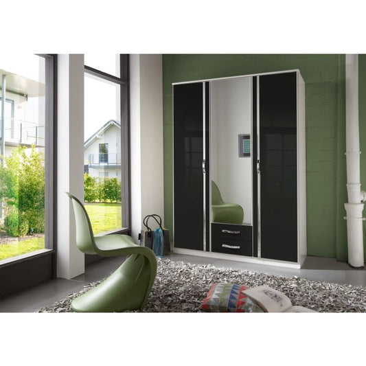 Tiya 3 Door Mirrored Wardrobe with Drawers | Modern White & Black Storage Solution