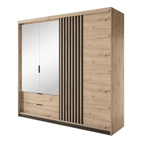 Turin Mirrored Wardrobe 4 Doors 2 Drawers In Artisan Oak With LED