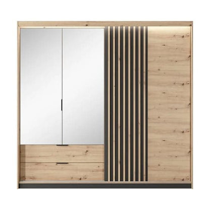 Turin Mirrored Wardrobe 4 Doors 2 Drawers In Artisan Oak With LED