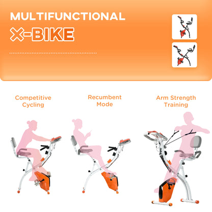 HOMCOM -in-1 Folding Exercise Bike with 8-Level Magnetic Resistance, Arm Resistance Band, Pulse Sensor, Orange