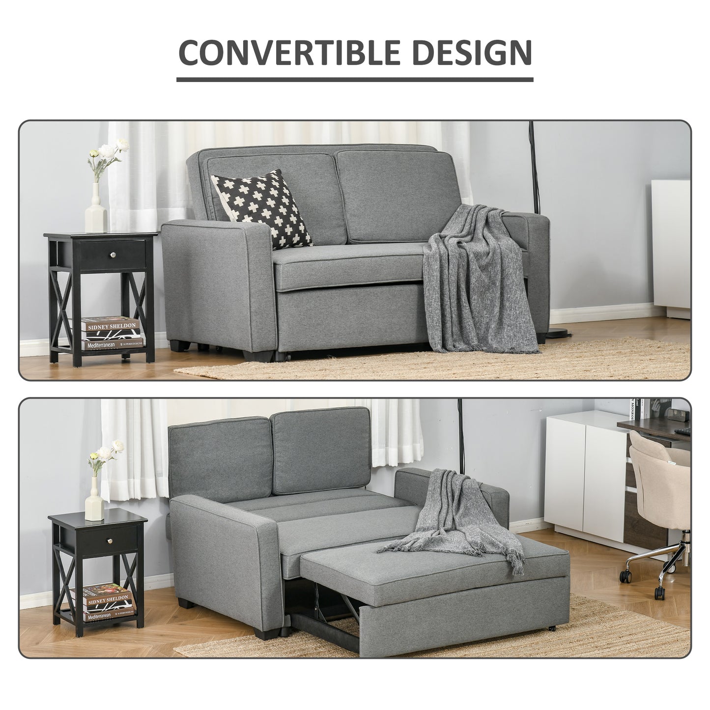 HOMCOM ouble Sofa Bed Click Clack Sofa Bed Pull Out Bed with Adjustable Backrest for Living Room and Bedroom Grey