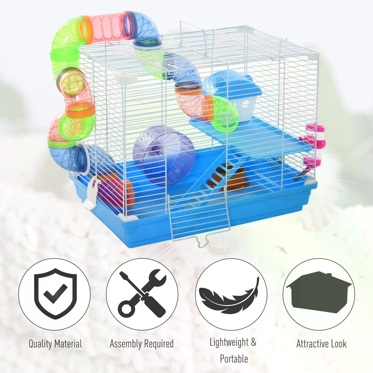 Pawhut 2 Tier Hamster Cage Carrier Habitat Small Animal House with Exercise Wheels Tunnel Tube Water Bottle Dishes House Ladder for Dwarf, Blue