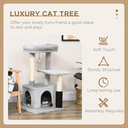 PawHut Cat Tree for Indoor Cats Climbing Tower Kitten Scratch Post Activity Center Kitten with Massage Toy Hanging Ball Bed Condo Perch 48 x 48 x 85cm Grey